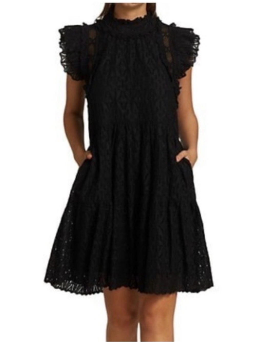 SEA New York Ingrid Black Eyelet Ruffle Flutter Sleeve Cotton Mini Dress Size 6